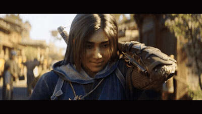 A Woman In A Blue Hoodie Is Holding A Sword On Her Shoulder GIF