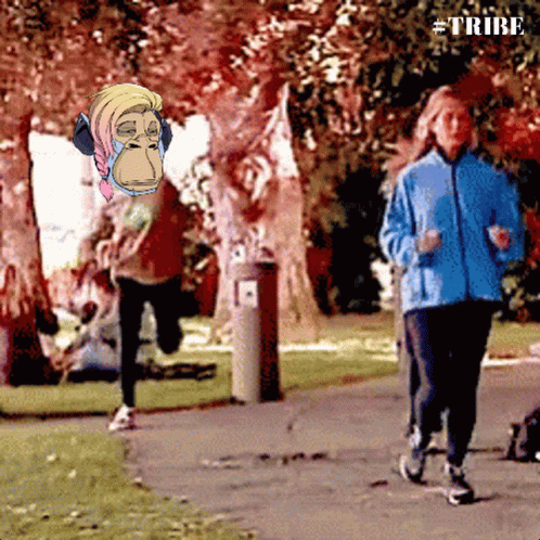 A Woman In A Blue Jacket Is Jogging In A Park With A Monkey On Her Head GIF