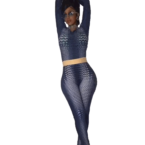 A Woman In A Blue Jumpsuit With A Gold Belt Stands With Her Arms In The Air Sticker