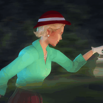 a woman in a blue shirt and red hat holds a lantern