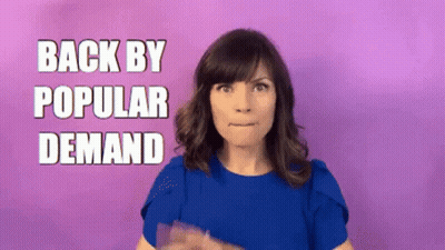 A Woman In A Blue Shirt Is Making A Face And Saying Back By Popular Demand GIF