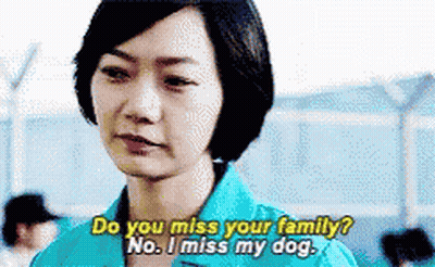 A Woman In A Blue Shirt Is Saying Do You Miss Your Family GIF