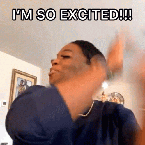 A Woman In A Blue Shirt Is Saying I 'M So Excited !! GIF