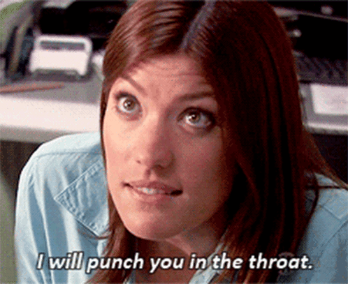A Woman In A Blue Shirt Is Saying I Will Punch You In The Throat GIF