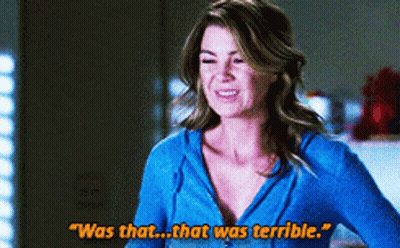 A Woman In A Blue Shirt Is Smiling And Saying " Was That That Was Terrible " GIF