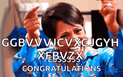 A Woman In A Blue Shirt Says Congratulations On The Screen GIF