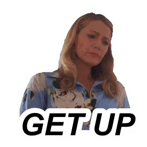 A Woman In A Blue Shirt With The Words Get Up Written Below Her Sticker