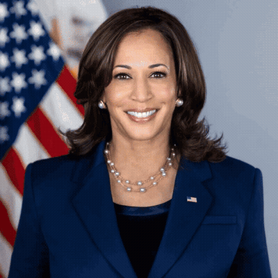 A Woman In A Blue Suit And Pearl Necklace Smiles In Front Of An American Flag GIF