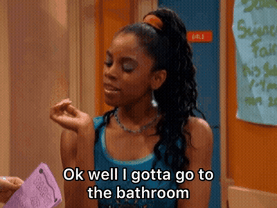 A Woman In A Blue Tank Top Is Saying Ok Well I Gotta Go To The Bathroom GIF