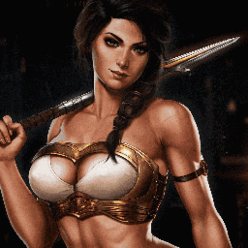 A Woman In A Bra Is Holding A Sword GIF