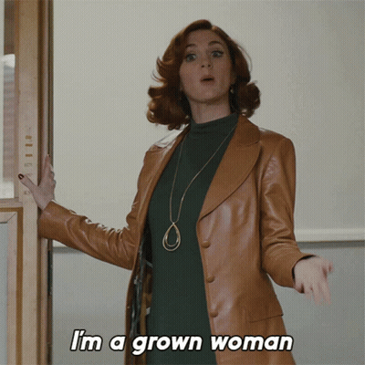 A Woman In A Brown Leather Coat Says " I 'M A Grown Woman " GIF