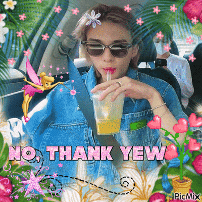 A Woman In A Car Drinking A Drink Through A Straw With The Words No Thank Yew Written Above Her GIF