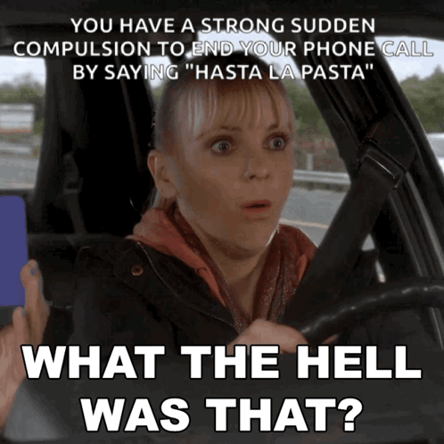 A Woman In A Car With The Words What The Hell Was That Written Below Her GIF