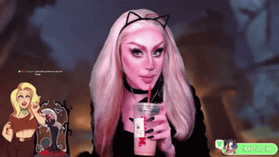 A Woman In A Cat Costume Is Drinking A Milkshake With A Straw GIF