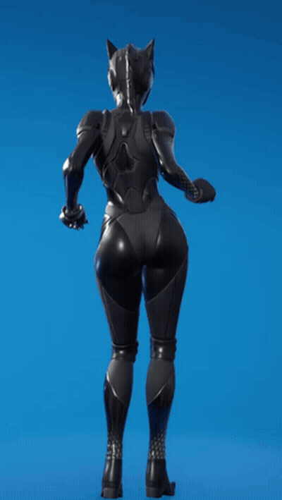 A Woman In A Cat Suit Is Standing On A Blue Background GIF