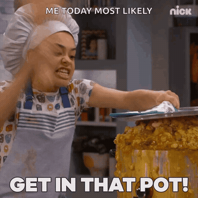 A Woman In A Chef 'S Hat Is Making A Funny Face And Says " Get In That Pot " GIF