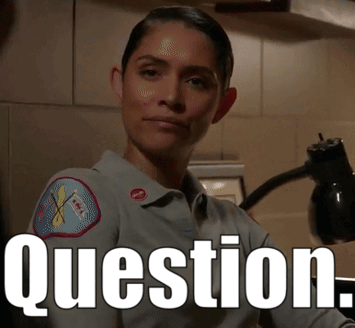 A Woman In A Chicago Fire Department Uniform Has The Word Question Above Her GIF