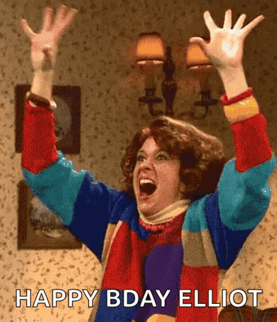 A Woman In A Colorful Sweater Is Raising Her Arms In The Air With The Words Happy Bday Elliot Below Her GIF