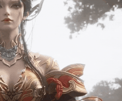 A Woman In A Costume Is Standing In Front Of A Tree In A Forest . GIF