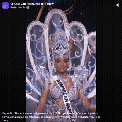 A Woman In A Costume With A Dominican Republic Sash On Her Chest GIF
