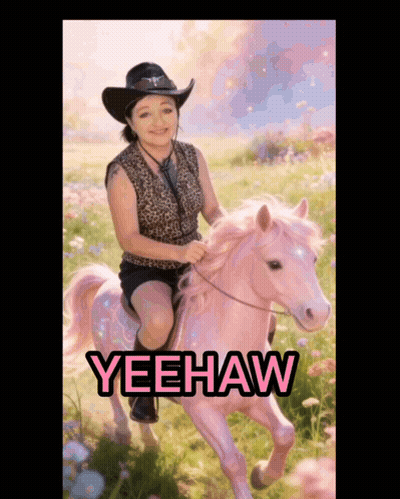 A Woman In A Cowboy Hat Is Riding A Pink Horse That Says Yeehaw On The Bottom GIF