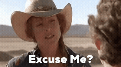A Woman In A Cowboy Hat Is Talking To A Man In The Desert And Says Excuse Me ? GIF