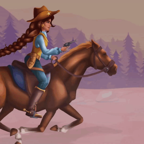 A Woman In A Cowboy Outfit Is Riding A Horse GIF