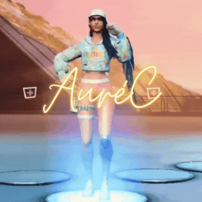 A Woman In A Crop Top And Shorts Stands In Front Of A Sign That Says Aurel GIF