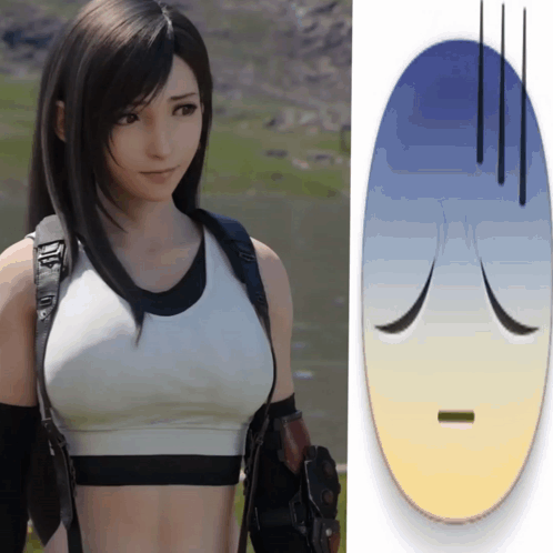 A Woman In A Crop Top Next To A Blue And Yellow Oval GIF