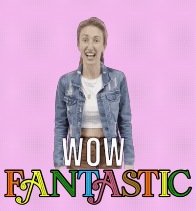 A Woman In A Denim Jacket Is Standing In Front Of The Words Wow Fantastic GIF