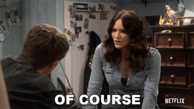 A Woman In A Denim Shirt Is Talking To A Boy And Says Of Course . GIF