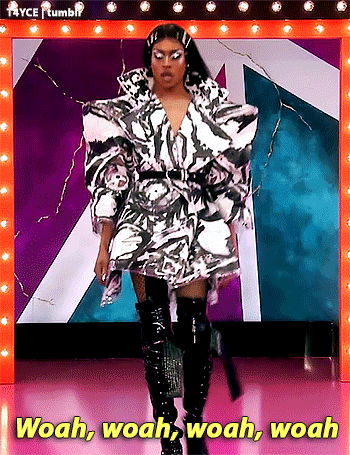 A Woman In A Dress And Thigh High Boots Is Walking On A Stage And Says Woah Woah Woah Woah . GIF