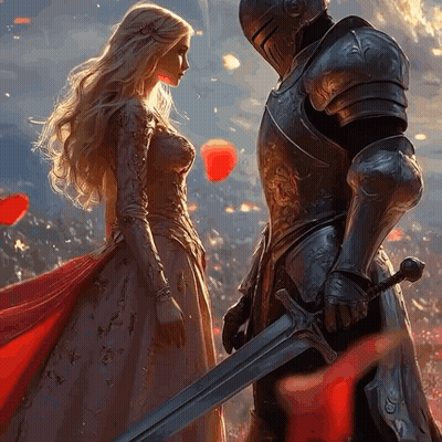 A Woman In A Dress Stands Next To A Knight In Armor With A Sword GIF