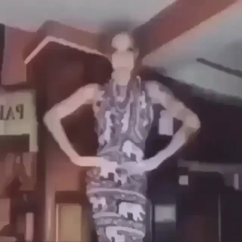 A Woman In A Dress With Elephants On It Is Standing In A Room With Her Hands On Her Hips . GIF