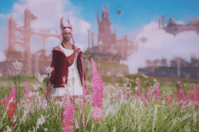 A Woman In A Field Of Flowers With Her Arms In The Air GIF