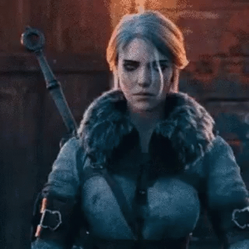 A Woman In A Fur Coat Is Holding A Sword And Looking At The Camera . GIF