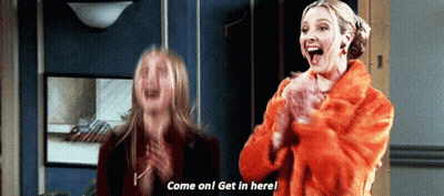A Woman In A Fur Coat Says " Come On Get In Here " GIF