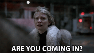 A Woman In A Fur Coat With The Words Are You Coming In Below Her GIF