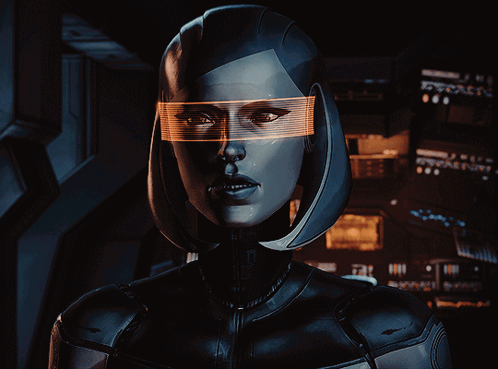 A Woman In A Futuristic Suit Has A Glowing Headband On GIF