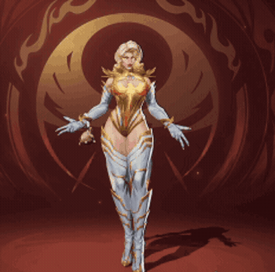 A Woman In A Gold And White Outfit Is Holding A Sphere GIF