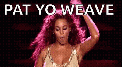 A Woman In A Gold Dress Is Dancing On A Stage With The Words Pat Yo Weave Above Her . GIF