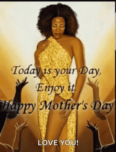 A Woman In A Gold Dress Is Standing In Front Of A Crowd And Says Today Is Your Day Enjoy It Happy Mother 'S Day Love You GIF