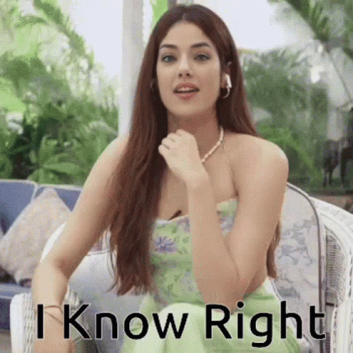 A Woman In A Green Dress Is Sitting In A Chair With The Words `` I Know Right '' Written On It . GIF