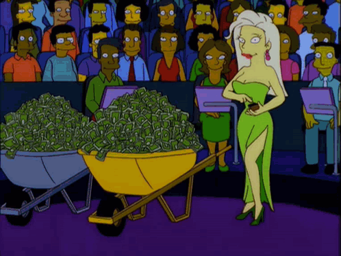 A Woman In A Green Dress Is Standing Next To A Wheelbarrow Filled With Money GIF