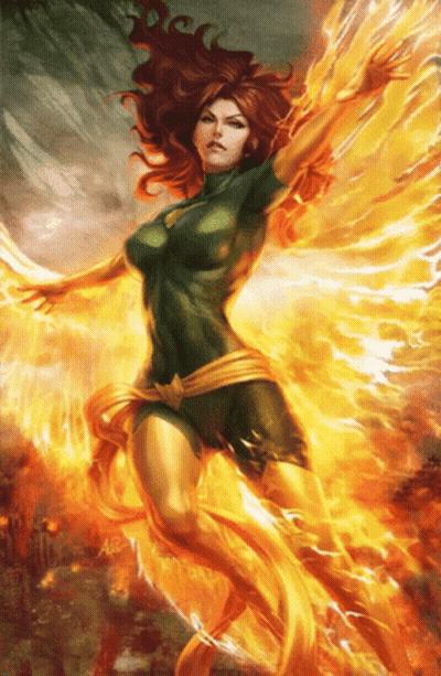 A Woman In A Green Dress Is Surrounded By Flames And Fire GIF