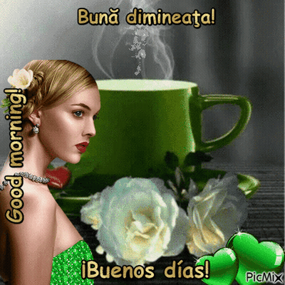 A Woman In A Green Dress Stands In Front Of A Green Cup Of Coffee GIF