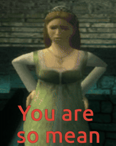 A Woman In A Green Dress With The Words " You Are So Mean " Written In Red GIF