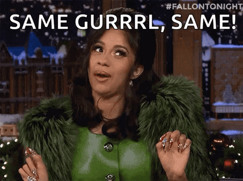 A Woman In A Green Fur Coat Says Same Gurrl Same GIF