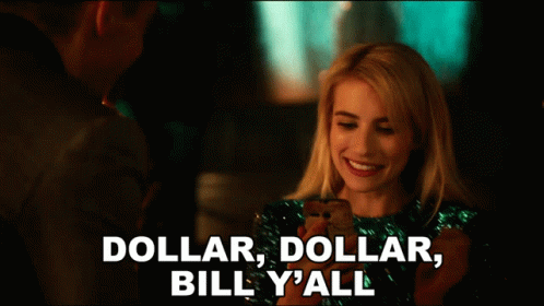 A Woman In A Green Sequined Dress Is Holding A Cell Phone And Says " Dollar Dollar Bill Y'all " GIF