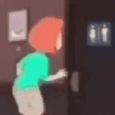 A Woman In A Green Shirt Is Standing In Front Of A Door In A Bathroom . GIF